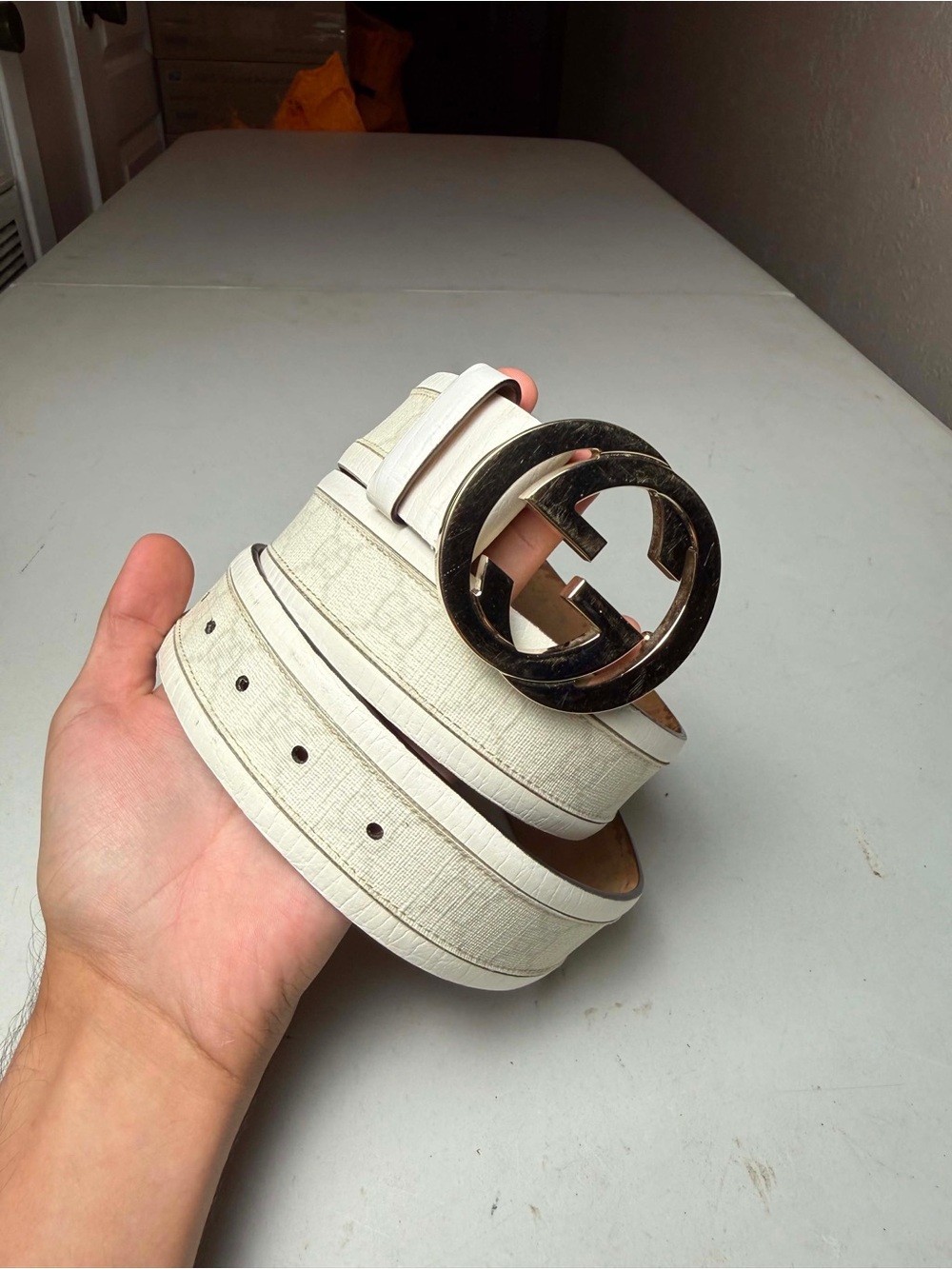 Authentic GUCCI White GG Plus Coated Canvas Leather Interlocking GG Belt